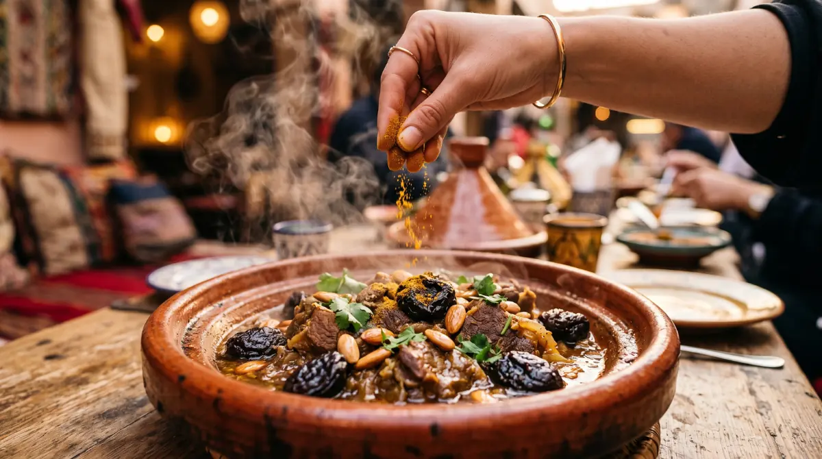 رشة من عطرية البنة على طاجين اللحم بالبرقوق