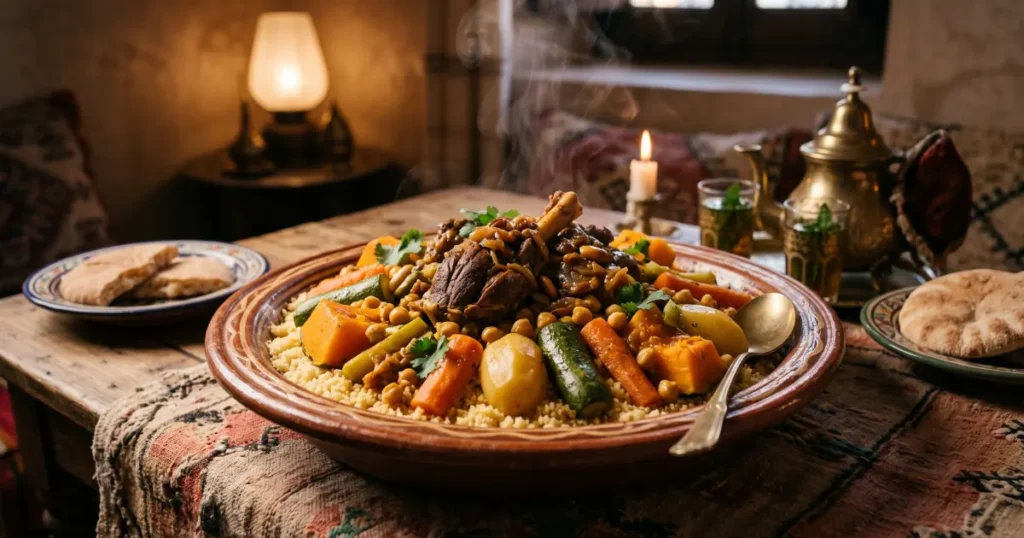 المكونات الأساسية المطلوبة قبل البدء في كيفية تحضير الكسكس المغربي باللحم.